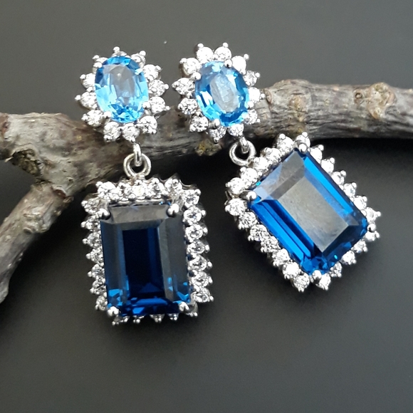 Intense Blue Swiss Topaz and Sapphire Earrings - Picture 6 of 11
